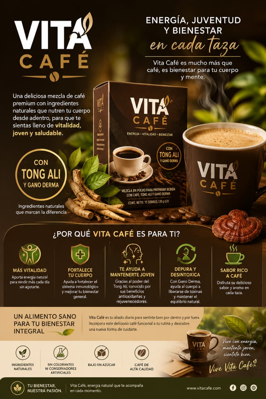 Caja de Vita Café con Tong Ali y Gano Derma, junto a una taza de café